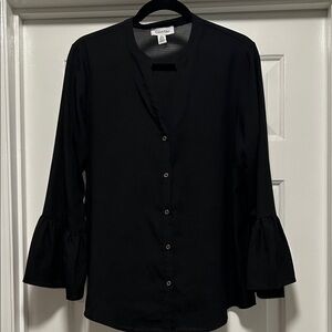 CALVIN KLEIN Classic Black Button-Down Shirt, Bell Sleeves, V-Neck Medium
